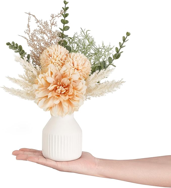 Mkono Small Artificial Flowers in Ceramic Vase 12.5" Centerpieces Coffee Table Decor, Silk Flower Arrangements for Home Decor Indoor Fake Flower Bouquet for Bathroom Dining Room Kitchen Champagne