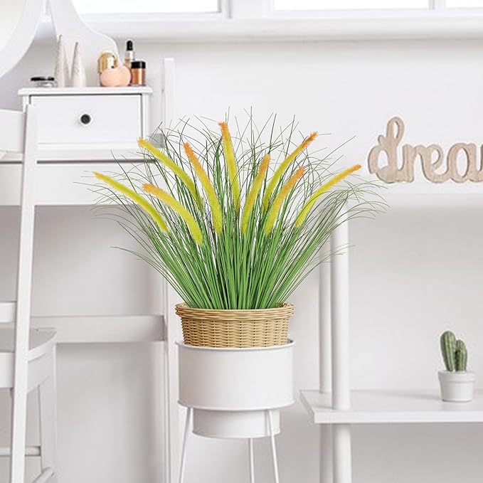 14PCS Artificial Yellow Dog Tail Grass Onion Grass UV Resistant Outdoors Faux Shrubs Ornamental Wheat Grass Cattails Faux Bushes Home Decor for Outdoor Garden