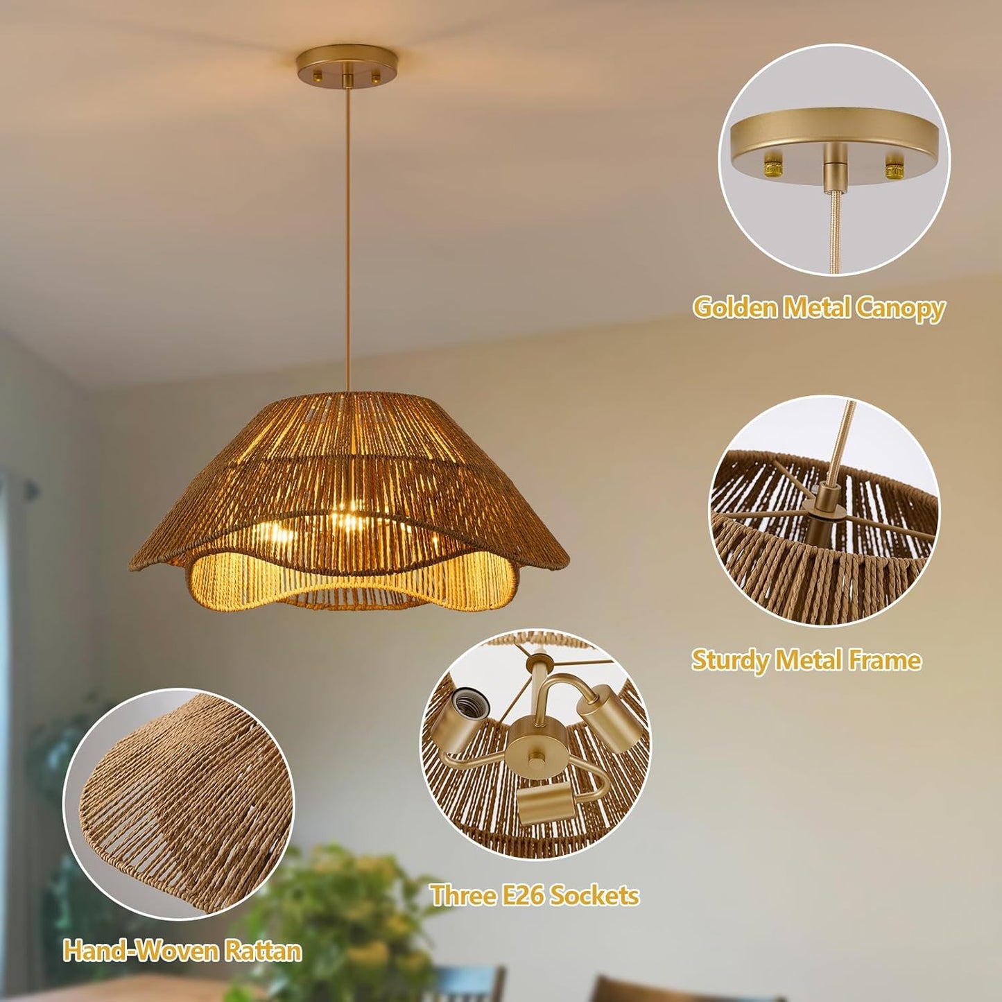 19.68" Large Gold Rattan Pendant Light, 3-Light Farmhouse Chandeliers for Dining Room, Woven Wicker Flush Mount Hanging Light, Adjustable Boho Pendant Lighting for Kitchen Island Bedroom