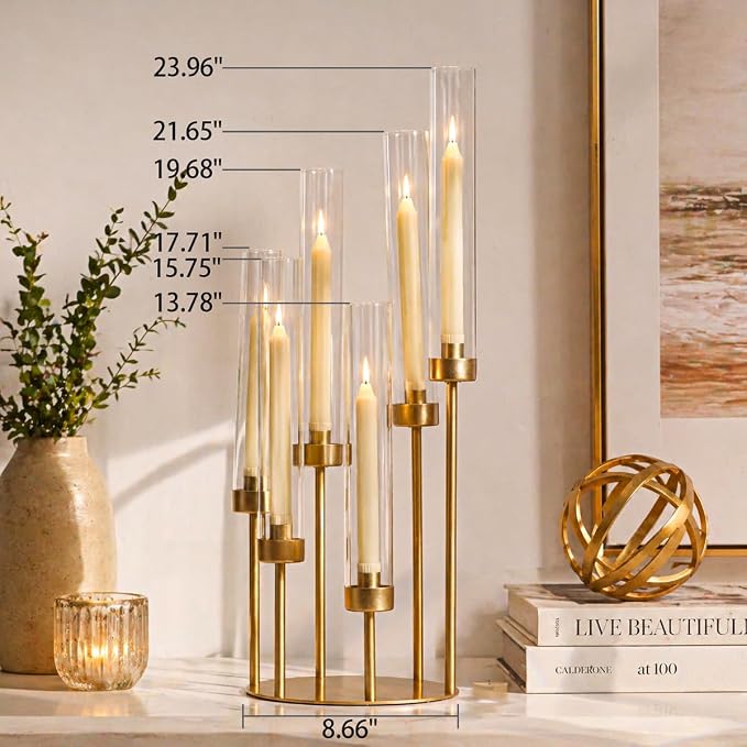 LETINE 6-Arm Gold Candelabra, 23.96" Tall Candelabra Centerpieces for Tables with Glass Lampshade & Heavy Base, Vintage Gold Taper Candle Holder for Indoor Outdoor Wedding Party Decor.