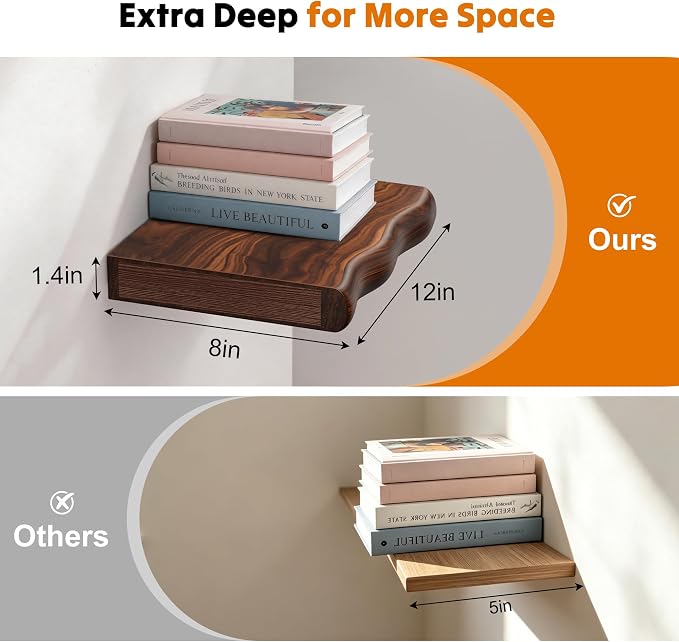 Solid Wood Live Edge Floating Shelves Set of 2 – 12" Rustic Wall Shelf with Hidden Bracket System, Wall Mounted Shelves for Bathroom, Kitchen, Living Room, Bedroom (Walnut)