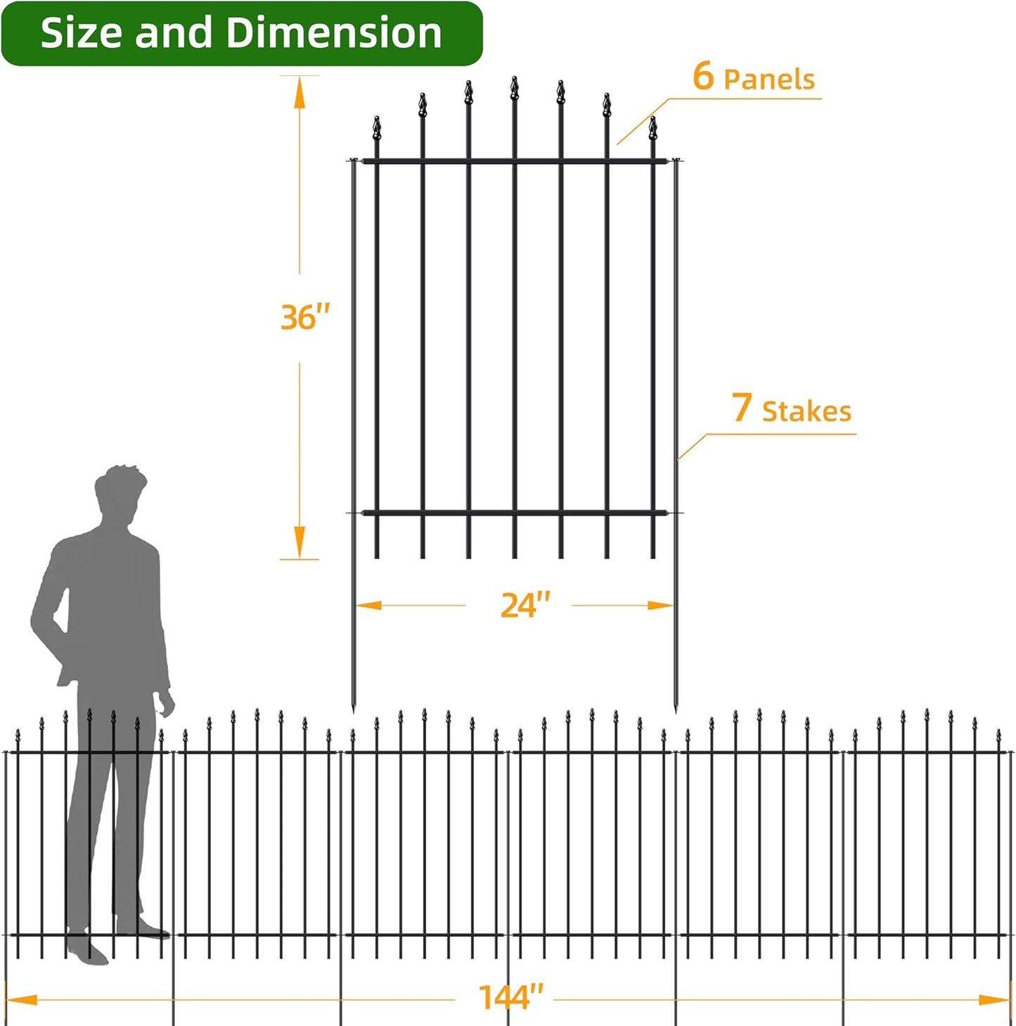 Metal Garden Fence 36 in H x 12 ft L, 6 Panels + 7 Stakes Border Dog Fence Panels Animal Barrier, No Dig Garden Fencing for Yard Patio Flower Bed Lawn Outdoor, Arch Black