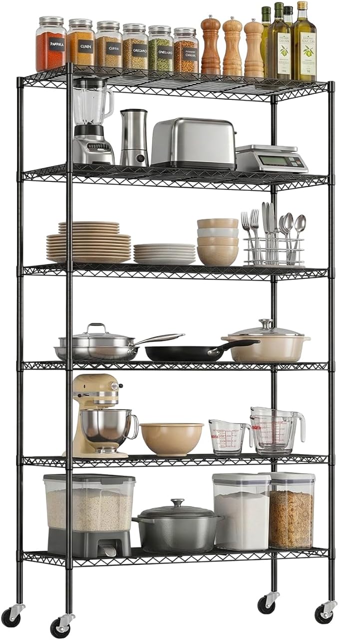 PayLessHere | 6-Tier Wire Shelf with Wheels | 45"x18"x82" | Black | Adjustable Racks | Heavy-Duty Storage Shelves, Holds Upto 510 lbs | Rust-Resistant, No-Tool Assembly | for Home, Garage Shelving