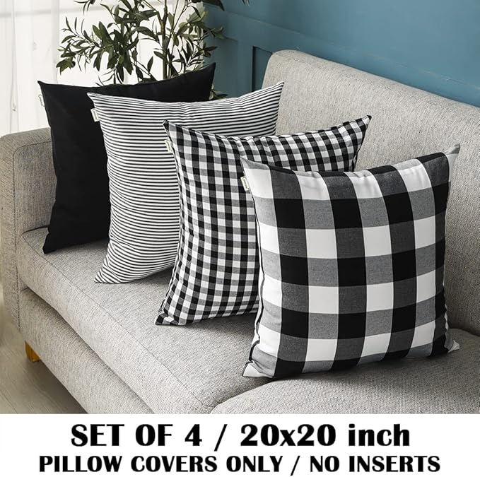 CARRIE HOME Buffalo Plaid Black Throw Pillow Covers 20x20 Set of 4 Decorative Black Outdoor Pillow Covers for Patio and Porch