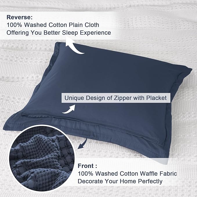 PHF 100% Cotton Ruffle Waffle Weave Euro Sham Covers, 2 Pack 26" x 26" Bed Pillow Covers for Elegant Home Decor, No Filling, Luxury Aesthetic Euro Pillow Cases for Bed, Indigo