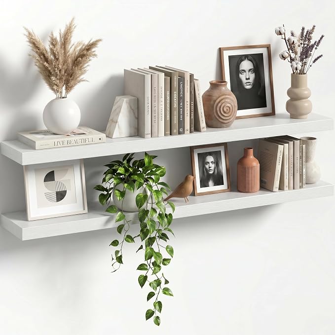 48" Floating Shelves for Wall, Set of 2, 8" Deep, 1.5" Thick, White | Rustic Wood Wall Shelves with Invisible Brackets, Storage and Display for Bathroom, Bedroom, Living Room or Kitchen