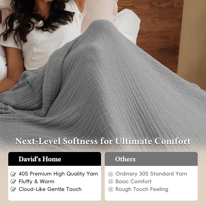 David's Home 100% Cotton Muslin Throw Blanket for College Dorm, 4-Layer Soft Breathable Lightweight Comfy Cozy Throw Guaze for Hot Sleepers, 3D Bubble Room Decor for Bed, Giftable, Dark Grey, 50"x70"