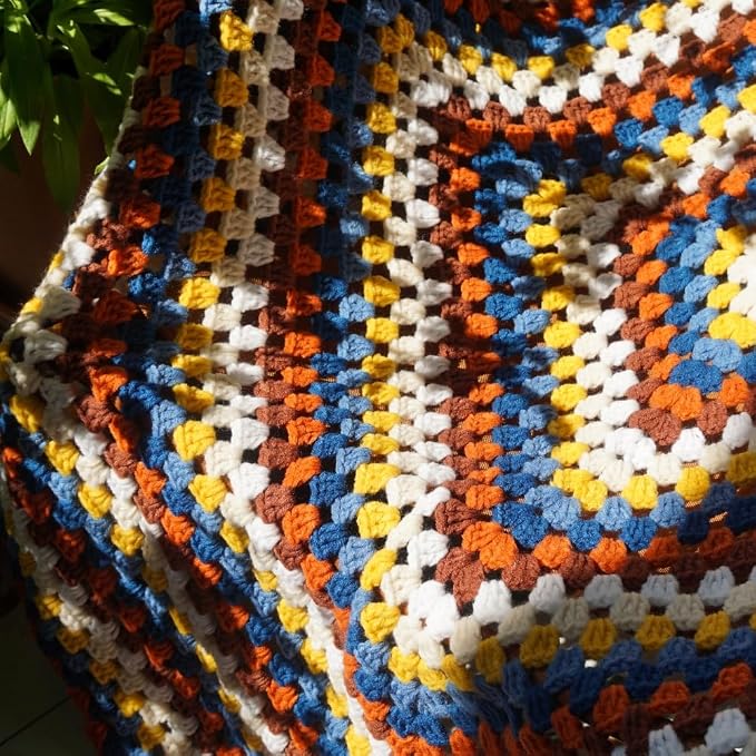 Handmade Crochet Granny Square Throw Blanket Sweater Style,Crochet Quilt,Multicolor Boho Travel Accent Throw for Sofa Comforter Couch Bed Recliner Living Room Bedroom Decor 43" x43" (B)