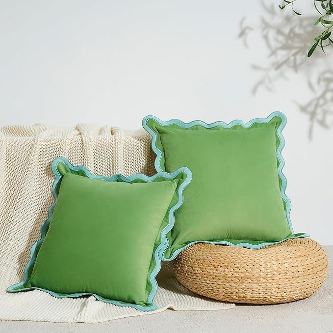 MONDAY MOOSE Decorative Throw Pillow Covers Cushion Cases, Set of 2 Soft Velvet Scalloped Wavy Edge Designs, Pillow Inserts Not Included (22x22 inch, Light Green/Light Blue)