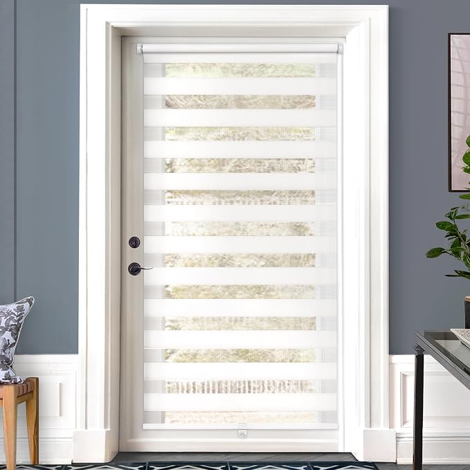 LazBlinds Cordless French Door Blinds, No Drill Roll Up Zebra Blinds, Light Control Day and Night Sheer Shades for Front Patio Sidelight Glass, 37.7'' W x 78'' L, White