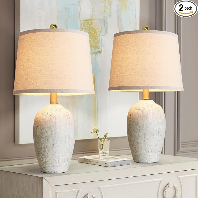 AIEAMPDO 21'' Set of 2 Rustic Ceramic Small Table Lamps for Living Room Bedroom, Farmhouse Vintage Nightstand Lamps for Office Entryway End Table, 2 Bulbs Included