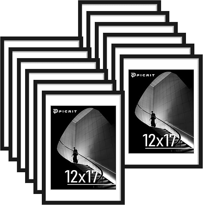 Picrit 12x17 Picture Frame Set of 12, Display 11 x 14 with Mat or 12 x 17 without Mat, Photo Frames for Wall Mounting Display, Black