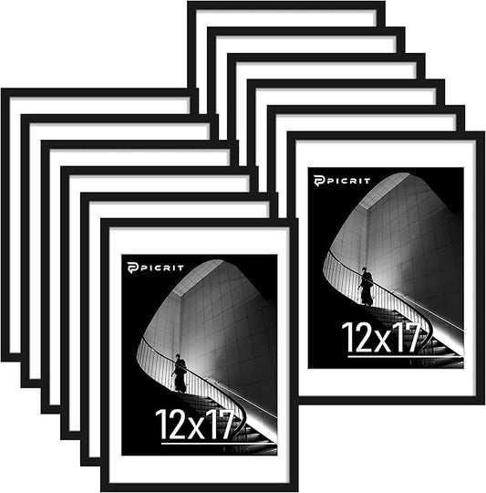 Picrit 12x17 Picture Frame Set of 12, Display 11 x 14 with Mat or 12 x 17 without Mat, Photo Frames for Wall Mounting Display, Black