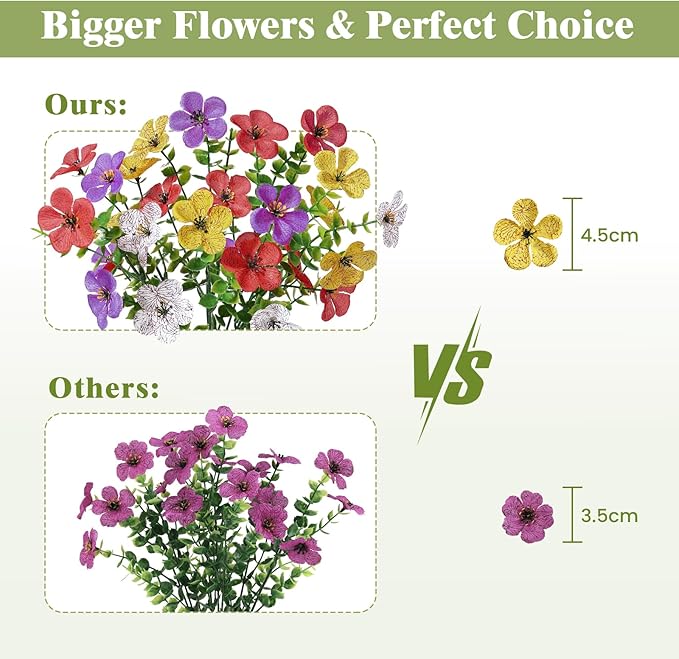 Alupssuc 20 Bundles Artificial Flowers for Outdoor Indoor Decoration, UV Resistant No Fade Fake Plants Eucalyptus, Colorful Faux Spring Flowers for Outside Yard Porch Patio Garden Home Window Box