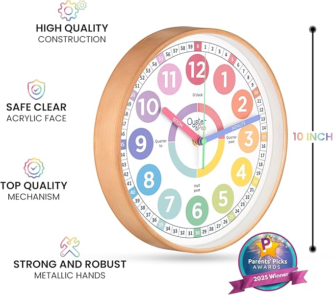 Oyster&Pop Pastel Kids Learning Clock – Award-Winning 10" Silent Non-Ticking Analog Wall Clock for Classroom & Kids Bedroom – Cute Colorful Decor & Educational Tool – Includes Teaching Time E-Book