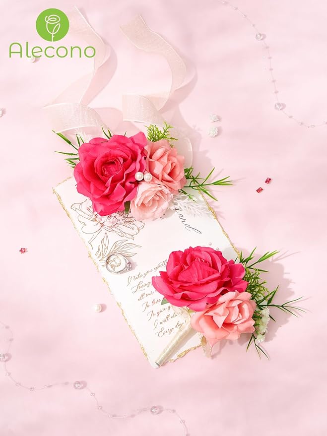 Alecono Hot Pink Corsage and Boutonniere Set, Corsages for Bride Bridesmaid Groom Bridegroom, Artificial Flowers for Prom Graduation Ceremony Anniversary