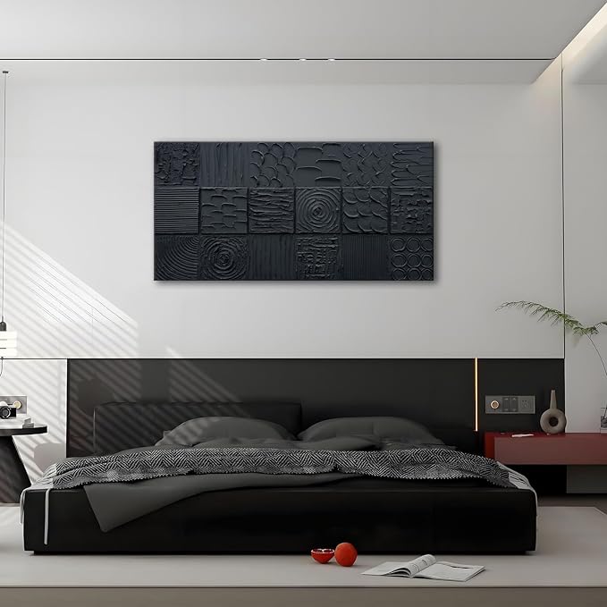 zoinart Pure Black Textured Wall Art 48x24 Inches Modern Abstract Oil Paintings on Canvas Wall Art for Living Room Bedroom Wall Decor