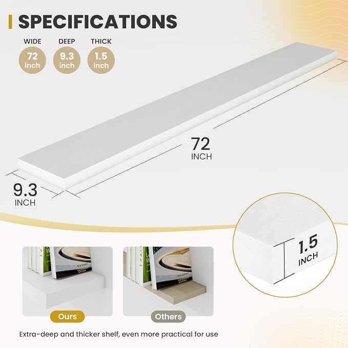 Acovy 72 Inch Floating Shelves, 9.3" Deep Floating Shelf Wall Mounted, 72" Wall Shelves, Rustic Deep Bookshelf, Large Display Shelves & Storage Shelves for Bedroom, Living Room, White, Set of 1