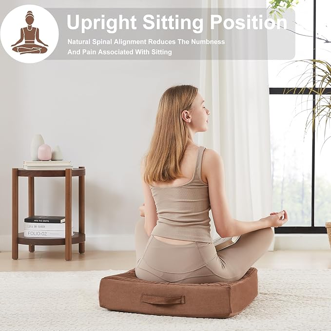 JKMAX 22 inches Floor Pillow for Adults - Large Meditation Cushion with Thick Foam & Soft Tufted Cover - Premium Outdoor Square Floor Cushion Seat - Yoga Pillows for Sitting On Floor - Coffee
