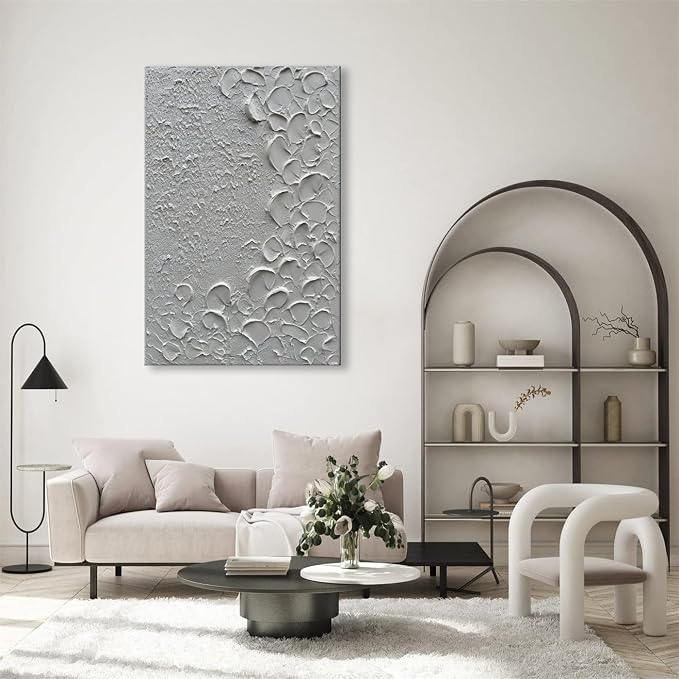 zoinart Pure White Texture Wall Art, Hand Painted Vertical White Abstract Modern Oil Paintings, Thick Texture Contemporary Wall Art 24x36 inch