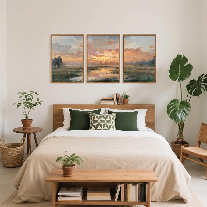 TOARTi Large Framed Abstract Sunset Landscape Canvas Wall Art,Nature Sunset Scenery Painting Wall Decor, Watercolor River Grassland Art Prints for Farmhouse Home Living Room Bedroom Office-24”x35”x3