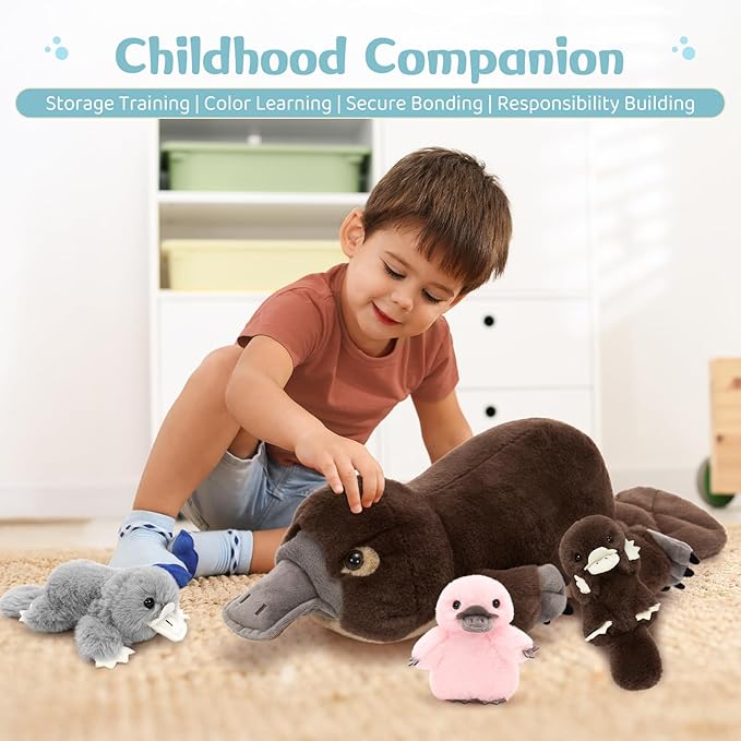 MorisMos 22inch 4Pcs Giant Platypus Plush, Mommy Platypus Stuffed Animals with 3 Baby, Large Realistic Plush Gifts Kids Boys Girls, Brown