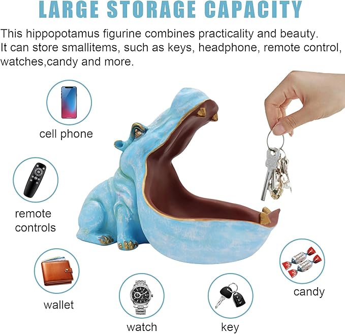 aboxoo Hippo Statue Home Resin Hippopotamus Figurine Fun Candy Dish,Key Bowl,Big Mouth Sculpture Table Art Decoration Sundries Container Storage Box (Light Blue)