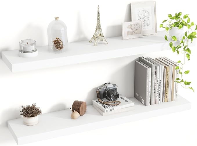 Acovy 36 Inch Floating Shelves, 8 Inch Deep Floating Shelves for Wall, Hanging Shelf with Invisible Brackets, Deep Shelves for Bathroom, Bedroom, Living Room, White, Set of 2