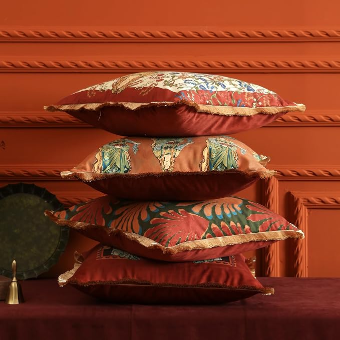 patdrea Designer French Velvet Throw Pillow Cover,Set of 4,-Oldlegend | Elegant Lumbar Pillow Case,Fringe Trim,Classic Art PatternDecor Cushion Coverfor Couch Living Room Bedroom Sofa