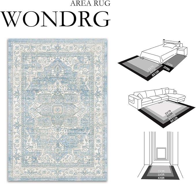 2x3 Washable Vintage Area Rug Blue Oriental Soft Entryway Throw Rug Neutral Non Slip Low Pile Small Carpet for Kitchen Bathroom Living Room Bedroom