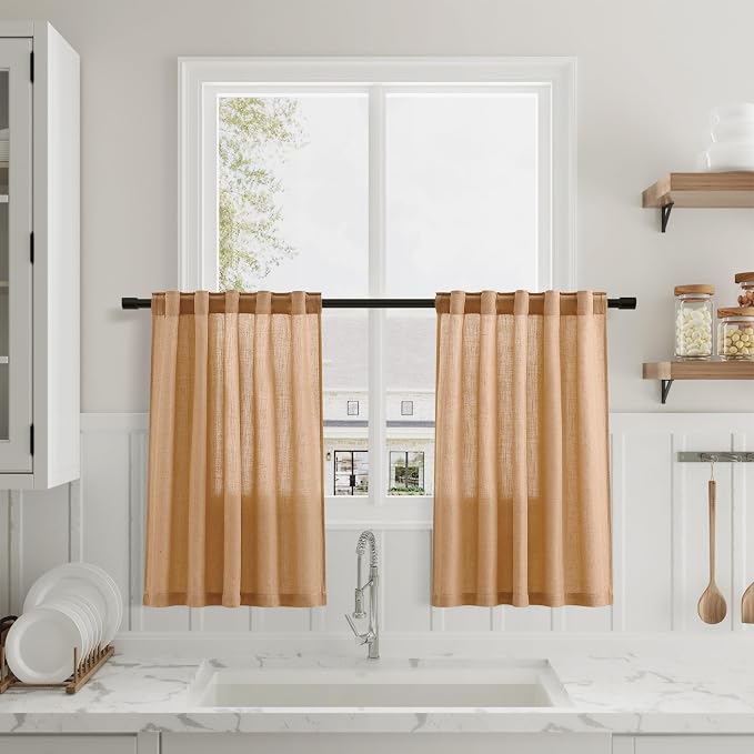 Camel Linen Cafe Kitchen Short Curtains 24 Inch Length 2 Panels Semi Sheer Linen Rustic Curtain Light Filtering Valances with Back Tab Rod Pocket for Boho Small Windows Cafe Bathroom 30Wx24L