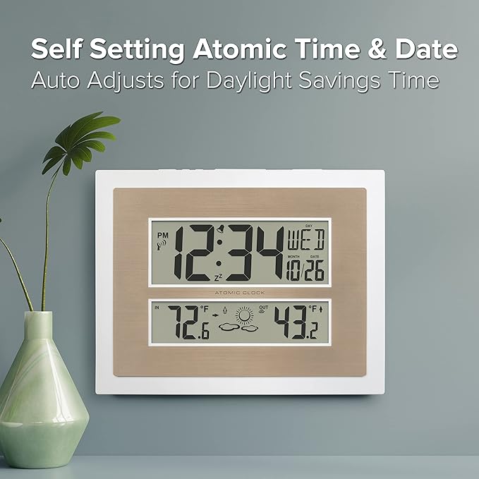 La Crosse Technology 512-14937-INT Atomic Digital Wall Clock with Temperature & Forecast in White/Champagne