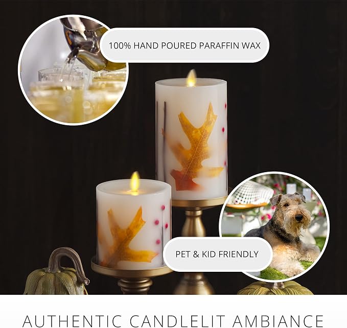 Luminara Embedded Flameless LED Candle - Orange Leaf 3.5" x 4.5" - Moving Flame Pillar, Battery Operated Timer, Real Wax, Unscented, Safe