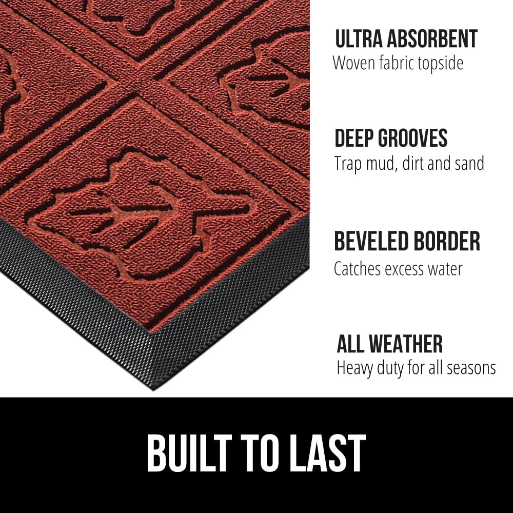 GORILLA GRIP 100% Waterproof All-Season WeatherMax Doormat, US Designed Natural Rubber, Stain and Fade Resistant, Low Profile Indoor Outdoor Door Mats, Easy Clean Patio Mat, 17x29, Burgundy Leaves