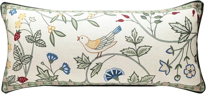 bilin gaier Designer Vintage Linen Throw Pillow Cover,28"x12"-Idaho A | Elegant Rectangular Pillow Cover,Concealed Zipper,Floral and Bird Pattern,Sofas,Bedroom,Living Room,Lounge Chairs