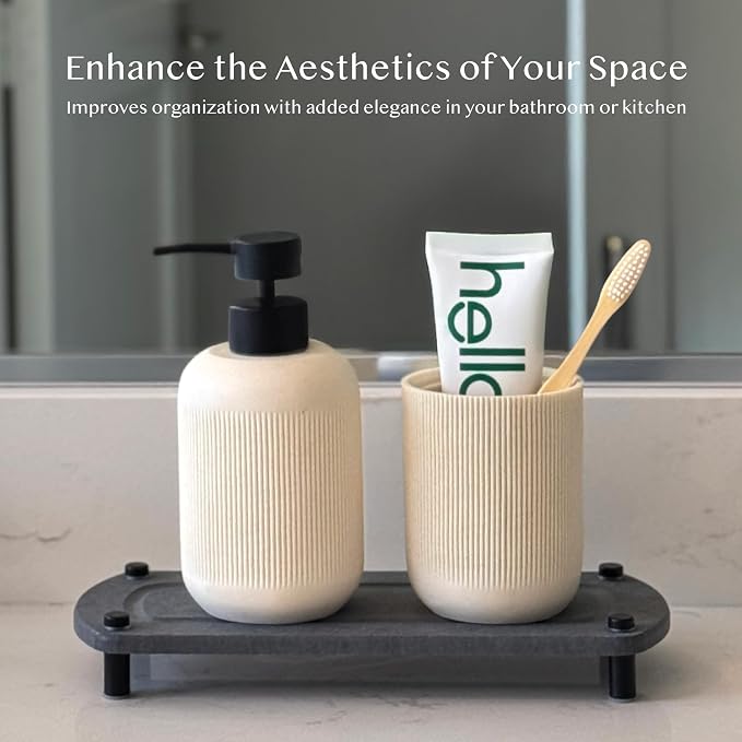 2PCS Water Absorbing Stone Soap Tray for Kitchen Bathroom Sink, Quick Dry Diatomaceous Earth Drying Rack and Shower Caddy, Soap Dispenser and Sponge Holder Organizer for Countertop, TWINKLE MOMENT; Dark Gray