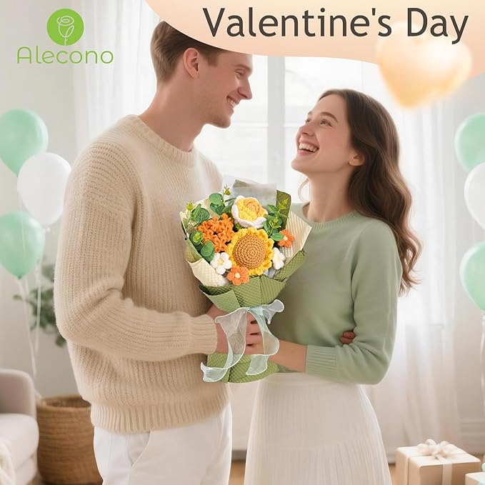 Alecono Crochet Flower Bouquet, Knitted Sunflower Flowers, Green Handmade Bouquet of Flowers for Lover Anniversary Birthday Party Mother's Day Graduation Gifts (Include Card)