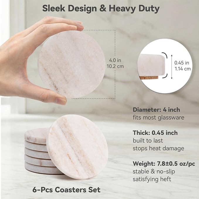 Cream White Marble Coasters Set of 6, Modern Neutral Drink Coaster for Coffee Table, 4" Round Polished Natural White Stone Coaster with Tan Veins – Heat Resistant, Non-Slip, Housewarming Gift