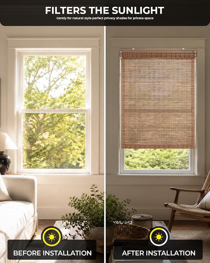 UNISHADES Cordless Bamboo Roller Shades, 34×70 in, Brown206 | Woven from Wide Bamboo Strips Roll Up Blinds, Protecting Privacy, Light Filtering