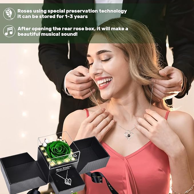 Pasuvsigt Valentines Day Rose Gifts for Her, Preserved Real Rose with I Love You Heart 100-Language Necklace, LED Lights & Music Box, Anniversary Birthday Valentines Gifts for Women Girlfriend Mom