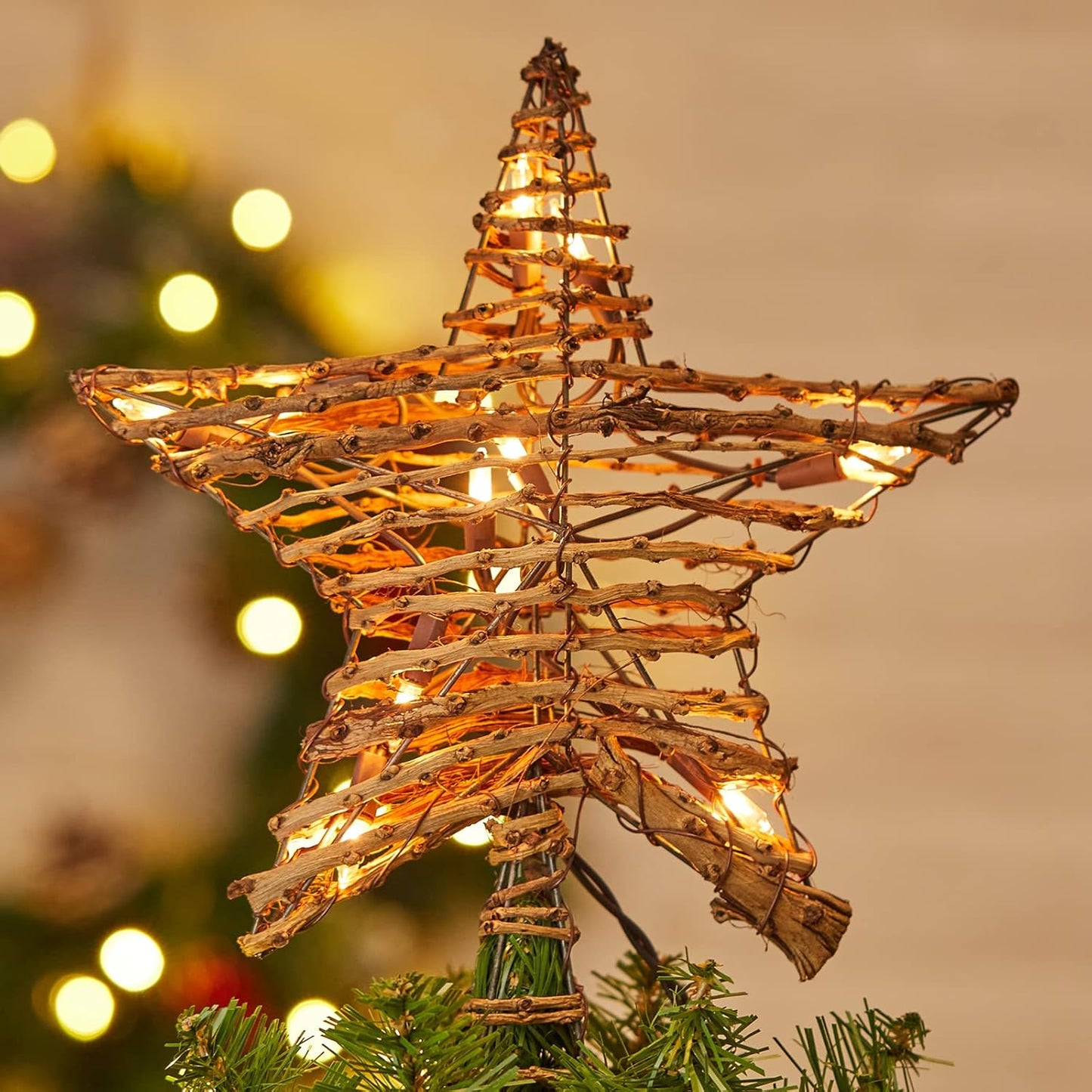 Rattan 3D Star Tree Topper - 12" Rustic Rattan Star with Built-in 10-Bulb String Lights for Christmas Tree Decoration
