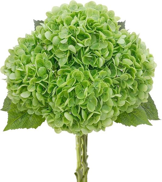 4 Pcs Artificial Hydrangea Silk Flowers with Stems, 19.7" Green Faux Hydrangeas Bouquet, 240 Petals, UV Resistant & Waterproof Fake Flower for Outdoor Wedding Home Decor