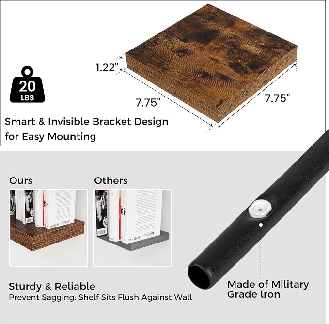 8"x8" Square Floating Shelves for Wall, Rustic Brown Finish, 3-Pack | Engineered Wood Wall Shelves with Invisible Brackets for Living Room, Bedroom, Bathroom, Office & Kitchen Storage