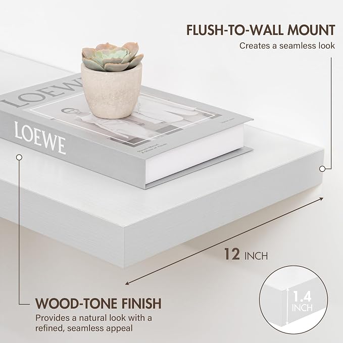 Acovy 12 Inch Floating Shelves, 12" Deep Floating Shelf Wall Mounted, 12" Wall Shelves, Rustic Deep Bookshelf, Extra Deeper Display Shelves & Storage Shelves for Bedroom, Living Room, Set of 3