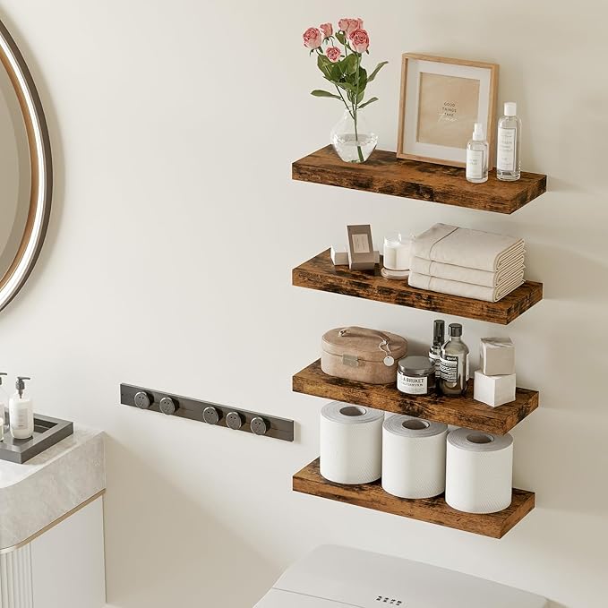 Fixwal Wood Floating Shelves, Wall Shelves Set of 4, Shelves for Wall Decor, with Invisible Brackets for Bathroom, Living Room,Bedroom and Kitchen(Rustic Brown) | Wall Shelves, for Bathroom, Living Room, Bedroom, Kitchen