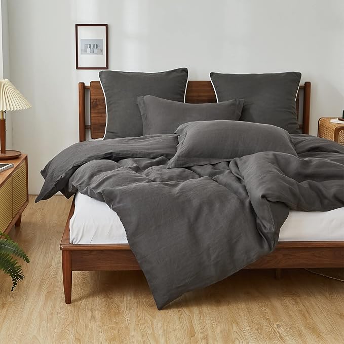 Simple&Opulence 100% Linen Pillow Case Queen Size Set of 2, Dark Grey Pillow Covers with Overlap Closure, Luxury Breathable Pillowcases Protectors Suitable for All-Season (20" X 26", Dark Grey)