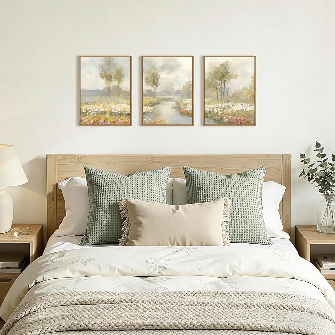 HPNIUB Large Watercolor Wildflower Framed Canvas Wall Art,Vintage Landscape Wall Decor,Rustic Wilderness Field Art Prints,Nature Floral Tree Artwork for Living Room,Bedroom,Farmhouse,Office -12"x16"x3