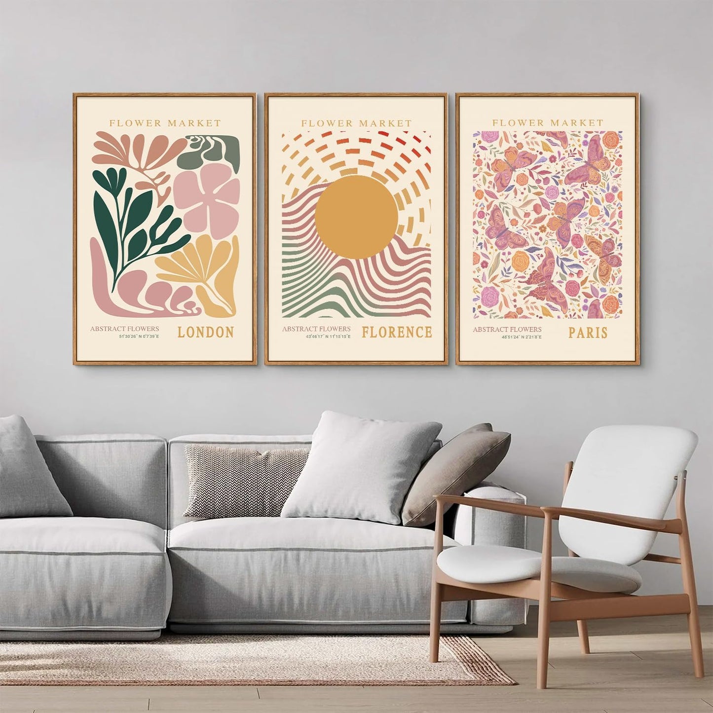 Tinonedraw Boho Flower Market Framed Canvas Wall Art Set, Pink Beige Cute Butterfly Wall Decor, Colorful Abstract Floral Wall Painting, Modern Matisse Art Print for Girls Room Bedroom Office Nursery 16"x24"x3