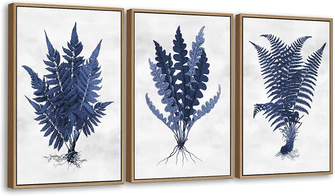 Large Botanical Wall Art for Living Room Natural Wood Float Framed Art Set of 3 Plant Pictures Fern Leaf Artwork Navy Blue Grass Canvas Prints for Bedroom Kitchen Home Office Wall Decor 24"X36"X3