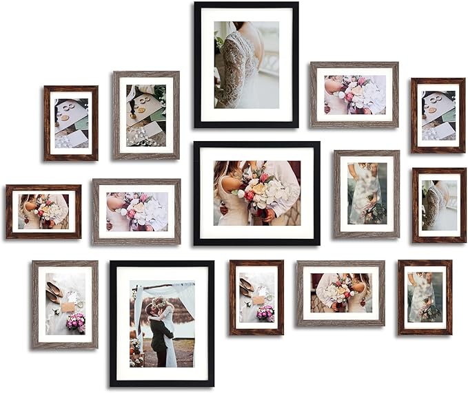 Fixwal Picture Frames Set, 15 Pack Wall Frame Set in 3 Different Finishes with Mat for Multiple Sizes Photos, Three 8x10, Six 5x7, Six 4x6 for Wall Gallery Decor, Hanging or Tabletop Display